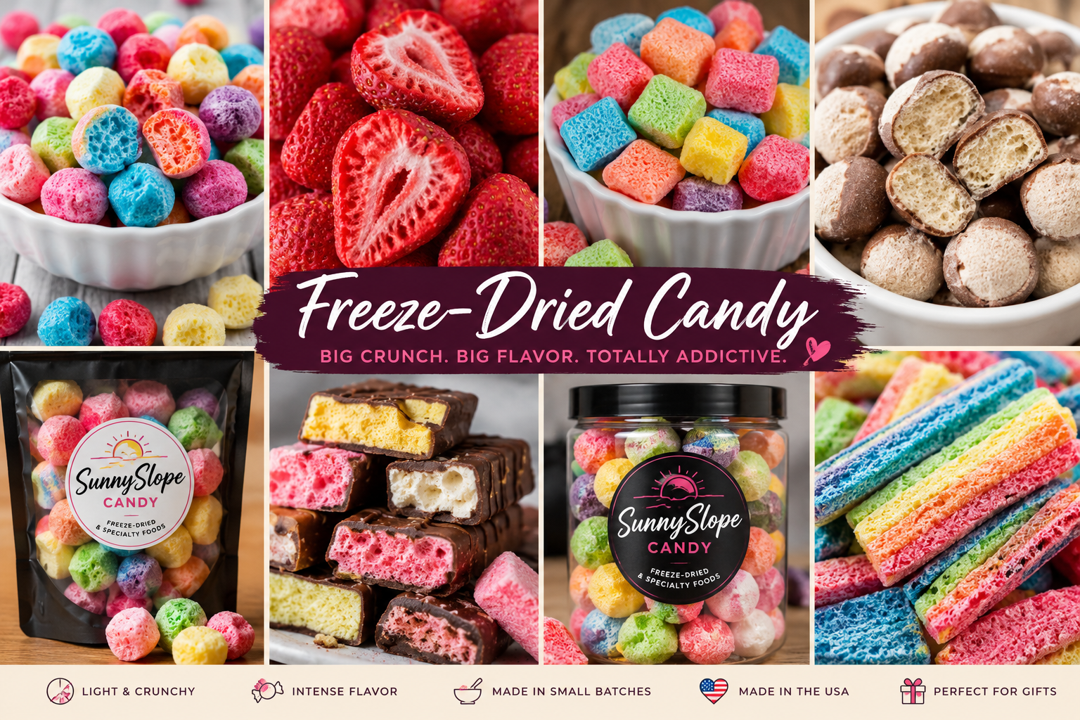 Colorful Sunny Slope freeze-dried candy assortment, fruit, gift packaging, and specialty treats